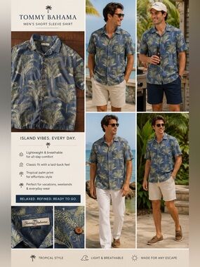 Tommy Bahama Navy Blue Palm Print  Camp Shirt